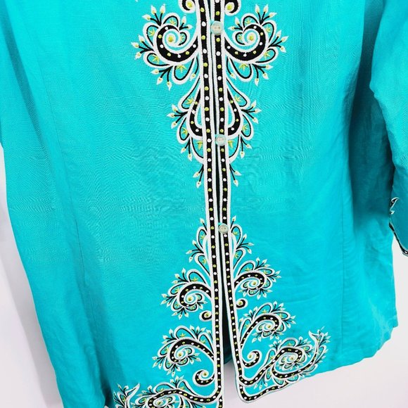 Bob Mackie Wearable Art Tunic Top Jacket L Colorful Embroidered Boho Button Up - Picture 5 of 12